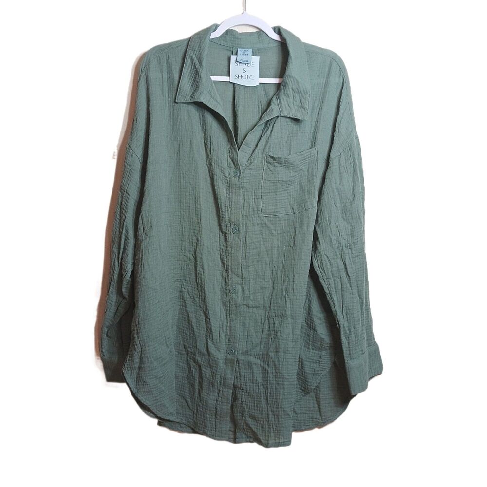 Shade & Shore Button Down Shirtdress Womens XS Green Cotton Gauze Swim Cover New
